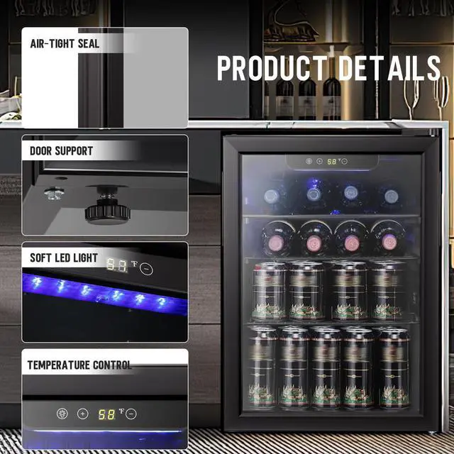 Alt view image 3 of 7 - 2.6cu.ft Wine Cooler/Cabinet Beverage Refrigerator, Small Mini Wine Cellar Fridge, Beer Soda Clear Front Glass Door, Quiet Operation, Adjust Temperature, Freestanding, Black