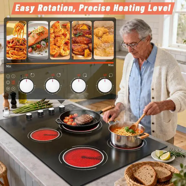 Alt view image 3 of 7 - 30 Inch Electric Cooktop - 4 Burner Built-in(29.13"x19.3") Ceramic Stove Top 6700W, 30" Electric Cook Top with Timer, Safety Lock, Pause, Dual Ring, 220V - 240V Hard Wired (White Knob)