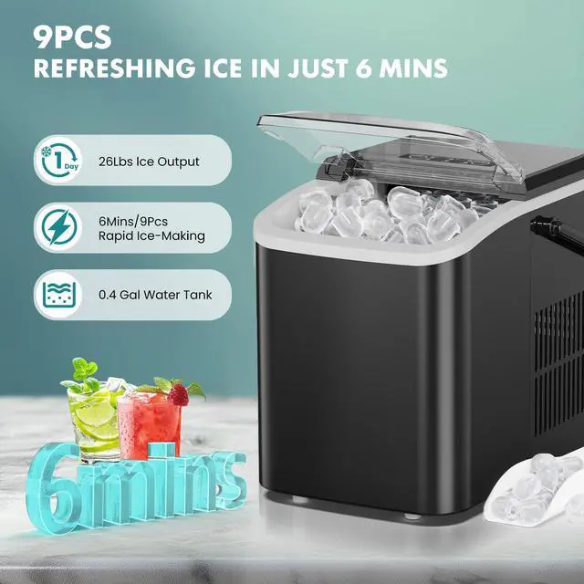 Alt view image 5 of 7 - Ice Maker Machine with Handle,26lbs in 24 Hours, Portable Ice Maker | Auto-Cleaning with Basket and Scoop, 9 Cubes in 6 Mins, Countertop for Home, Kitchen, Camping, RV