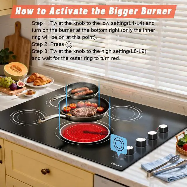 Alt view image 6 of 7 - 30 Inch Electric Cooktop - 4 Burner Built-in(29.13"x19.3") Ceramic Stove Top 6700W, 30" Electric Cook Top with Timer, Safety Lock, Pause, Dual Ring, 220V - 240V Hard Wired (White Knob)