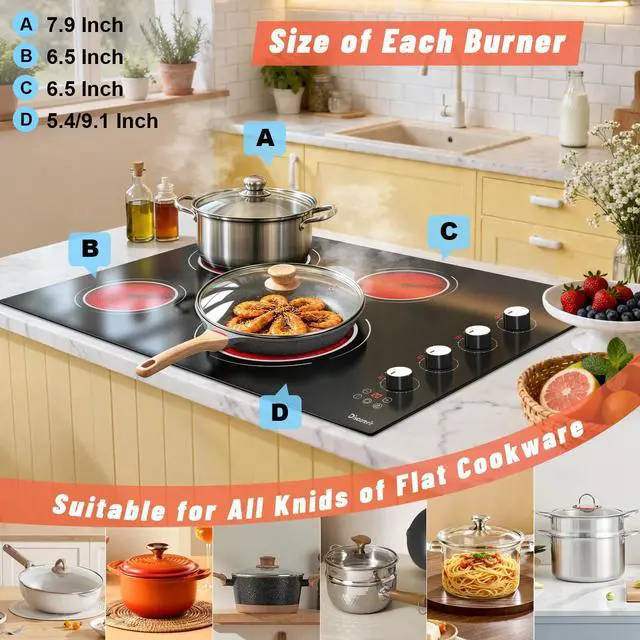 Alt view image 5 of 7 - 30 Inch Electric Cooktop - 4 Burner Built-in(29.13"x19.3") Ceramic Stove Top 6700W, 30" Electric Cook Top with Timer, Safety Lock, Pause, Dual Ring, 220V - 240V Hard Wired (White Knob)