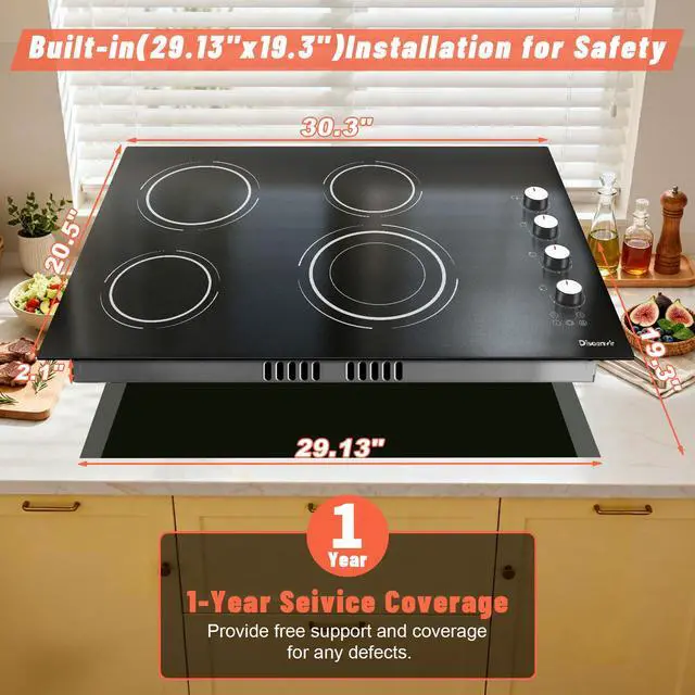 Alt view image 7 of 7 - 30 Inch Electric Cooktop - 4 Burner Built-in(29.13"x19.3") Ceramic Stove Top 6700W, 30" Electric Cook Top with Timer, Safety Lock, Pause, Dual Ring, 220V - 240V Hard Wired (White Knob)