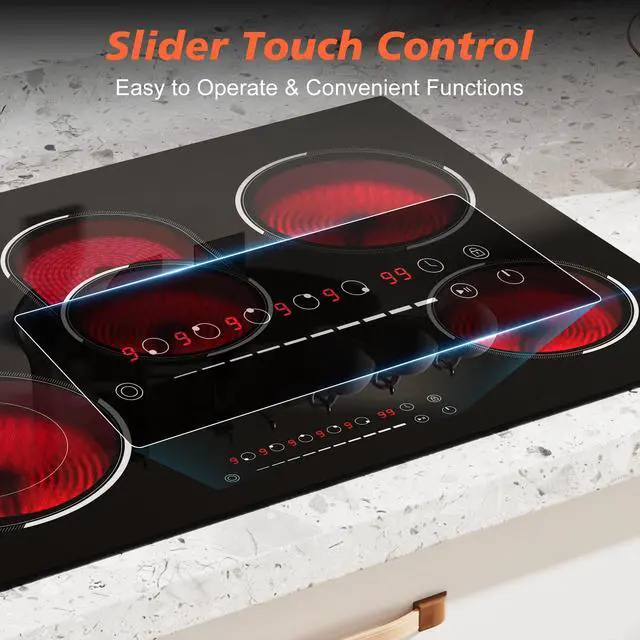 Alt view image 2 of 7 - 30 Inch Electric Cooktop, 5 Burner Ceramic, 8400W, Hardwired, No Plug | Built-in design, slide touch control, 9 power levels, expanded oval zone, 99-minute timer, pause function, child lock