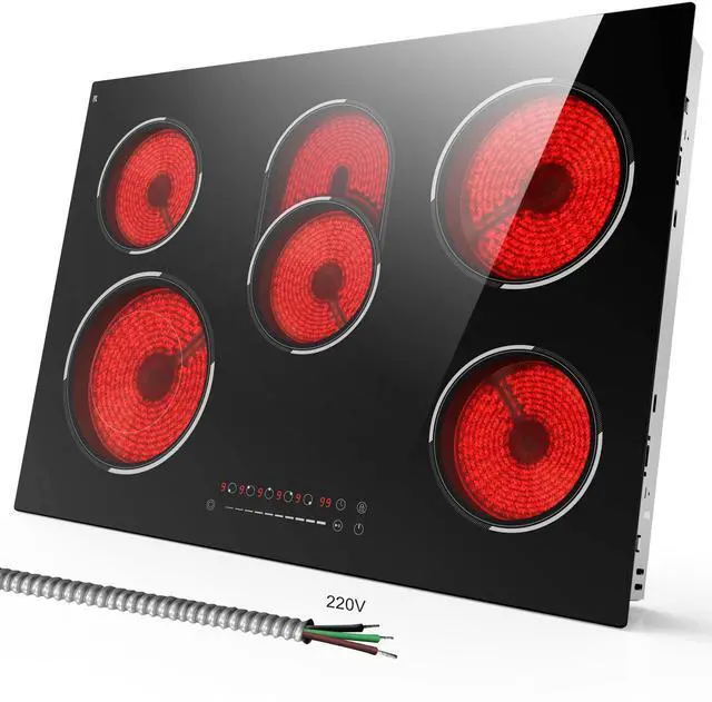 Main image of 30 Inch Electric Cooktop, 5 Burner Ceramic, 8400W, Hardwired, No Plug | Built-in design, slide touch control, 9 power levels, expanded oval zone, 99-minute timer, pause function, child lock