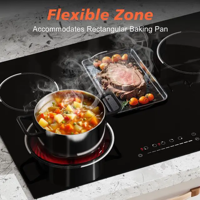 Alt view image 3 of 7 - 30 Inch Electric Cooktop, 5 Burner Ceramic, 8400W, Hardwired, No Plug | Built-in design, slide touch control, 9 power levels, expanded oval zone, 99-minute timer, pause function, child lock