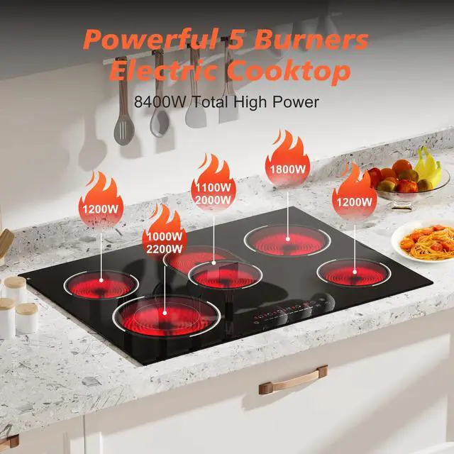 Alt view image 4 of 7 - 30 Inch Electric Cooktop, 5 Burner Ceramic, 8400W, Hardwired, No Plug | Built-in design, slide touch control, 9 power levels, expanded oval zone, 99-minute timer, pause function, child lock