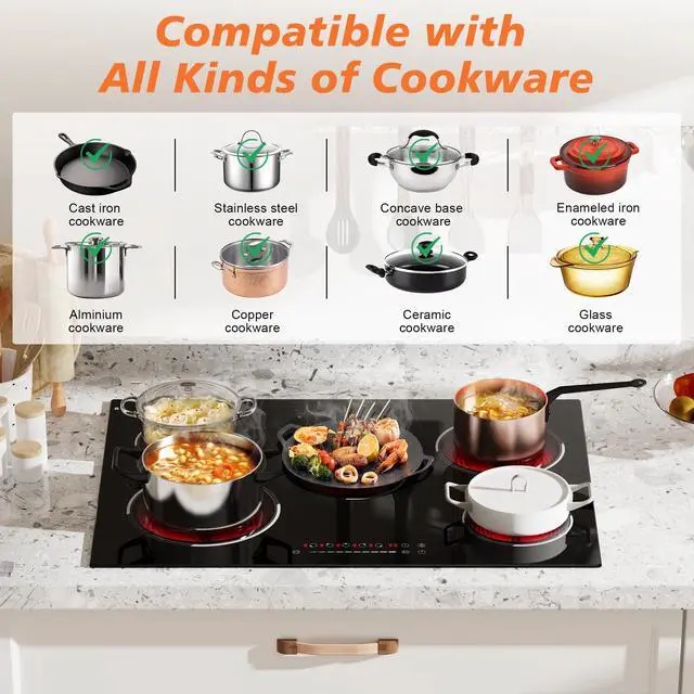 Alt view image 6 of 7 - 30 Inch Electric Cooktop, 5 Burner Ceramic, 8400W, Hardwired, No Plug | Built-in design, slide touch control, 9 power levels, expanded oval zone, 99-minute timer, pause function, child lock