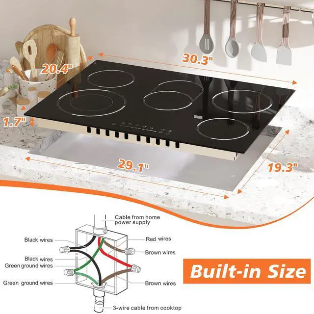Alt view image 7 of 7 - 30 Inch Electric Cooktop, 5 Burner Ceramic, 8400W, Hardwired, No Plug | Built-in design, slide touch control, 9 power levels, expanded oval zone, 99-minute timer, pause function, child lock