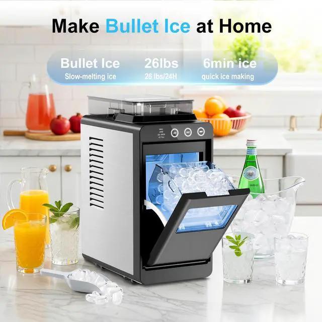 Alt view image 2 of 7 - Countertop Ice Maker with 1.2L Top Water Tank, 8 Bullet Cubes in 6 Mins, 26.5lbs in 24Hrs, 2 Ice Sizes, Self-Cleaning Portable Ice Maker with Basket and Scoop, for Home/Camping/RV, Black