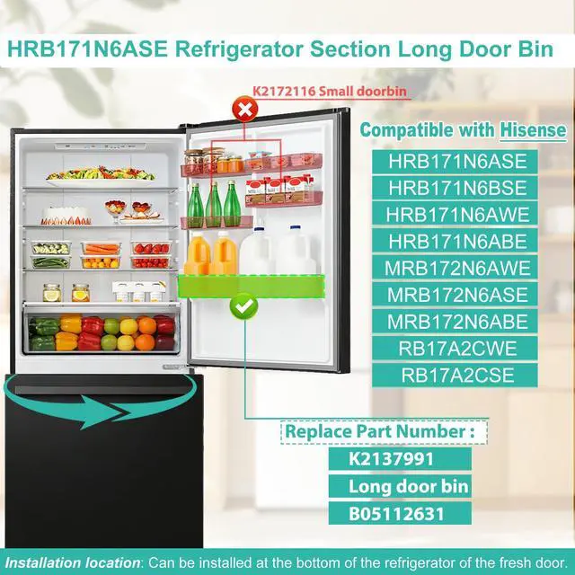 Alt view image 2 of 7 - HRB171N6ASE Refrigerator Section Long Door Bin Compatible with Hisense Refrigerator Door Shelf HRB171N6BSE, HRB171N6AWE, HRB171N6ABE, MRB172N6AWE, RB17A2CWE. 26.65 in Full Width Door Bin K2137991