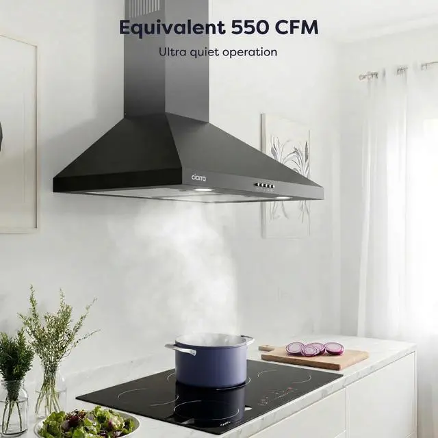 Alt view image 2 of 7 - Black Wall Mount Range Hood 30 inch 550 CFM Stove Vent Hood with 2 LED Light for Kitchen, 3 Speed Fan, Ducted & Ductless Mode, Push Button, Easy to Install, CAB75206P-N