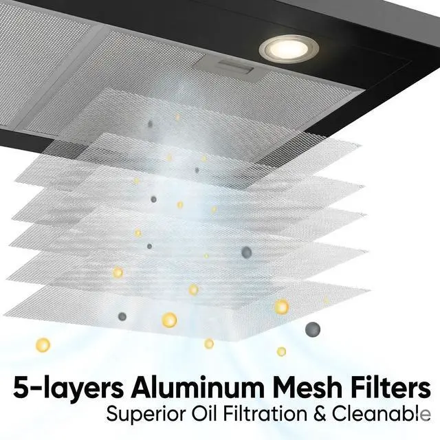 Alt view image 5 of 7 - Black Wall Mount Range Hood 30 inch 550 CFM Stove Vent Hood with 2 LED Light for Kitchen, 3 Speed Fan, Ducted & Ductless Mode, Push Button, Easy to Install, CAB75206P-N