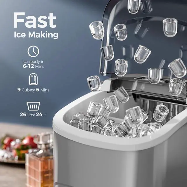 Alt view image 2 of 7 - Ice Makers Countertop,26Lbs/24H,9 Cubes in 6 Mins,Portable Ice Maker Machine with Self-Cleaning,2 Sizes of Bullet Ice,Perfect for Home Kitchen(Grey)