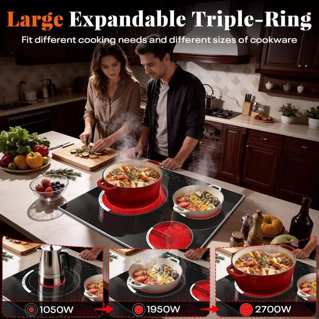 Alt view image 3 of 7 - 24 Inch Electric Cooktop 3 Burner 5700W | 24" Electric Stove Built-in, 3 Burners Electric Cook Top with Touch Control, Timer, Safety Lock, 220V Hard Wired (No Plug)