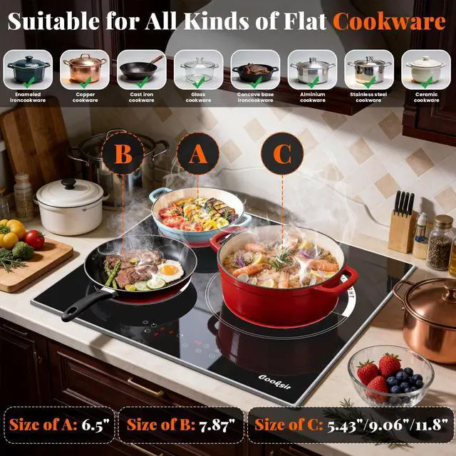Alt view image 4 of 7 - 24 Inch Electric Cooktop 3 Burner 5700W | 24" Electric Stove Built-in, 3 Burners Electric Cook Top with Touch Control, Timer, Safety Lock, 220V Hard Wired (No Plug)
