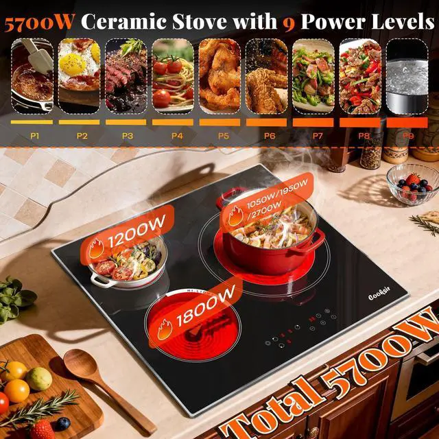 Alt view image 2 of 7 - 24 Inch Electric Cooktop 3 Burner 5700W | 24" Electric Stove Built-in, 3 Burners Electric Cook Top with Touch Control, Timer, Safety Lock, 220V Hard Wired (No Plug)