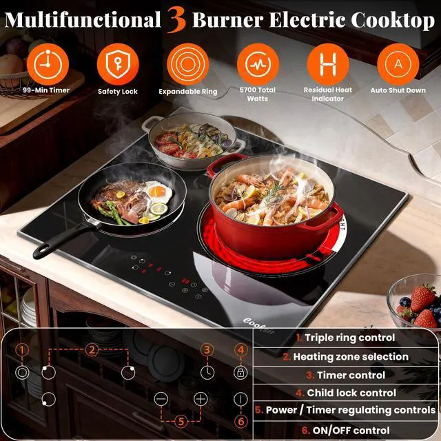 Alt view image 5 of 7 - 24 Inch Electric Cooktop 3 Burner 5700W | 24" Electric Stove Built-in, 3 Burners Electric Cook Top with Touch Control, Timer, Safety Lock, 220V Hard Wired (No Plug)