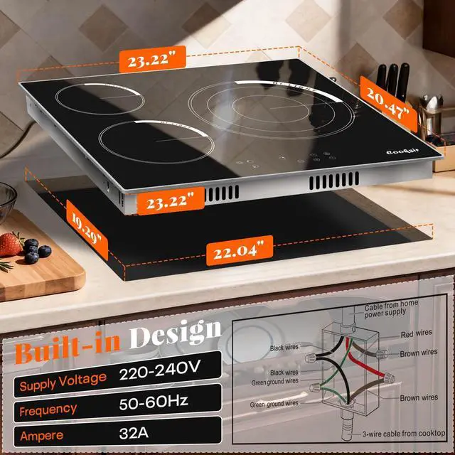 Alt view image 6 of 7 - 24 Inch Electric Cooktop 3 Burner 5700W | 24" Electric Stove Built-in, 3 Burners Electric Cook Top with Touch Control, Timer, Safety Lock, 220V Hard Wired (No Plug)