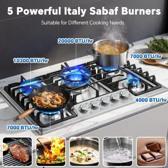 Alt view image 2 of 7 - Gas Cooktop 30 inch 5 Italy SABAF Burners with Wok Ring, NG/LPG Convertible | Thermocouple Protection, Built-in 30-inch, Auto Ignition, 48,300 BTU High Power, Stainless Steel, ETL Certified