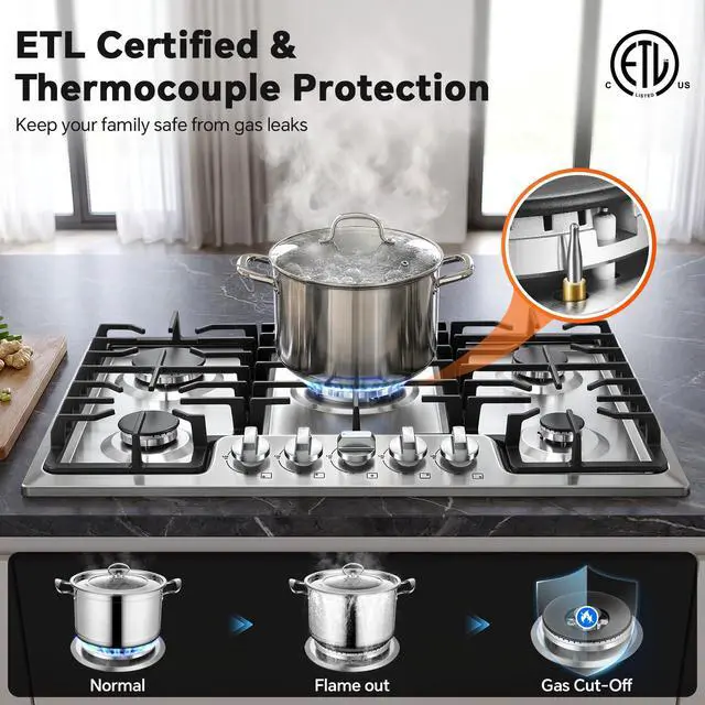 Alt view image 3 of 7 - Gas Cooktop 30 inch 5 Italy SABAF Burners with Wok Ring, NG/LPG Convertible | Thermocouple Protection, Built-in 30-inch, Auto Ignition, 48,300 BTU High Power, Stainless Steel, ETL Certified