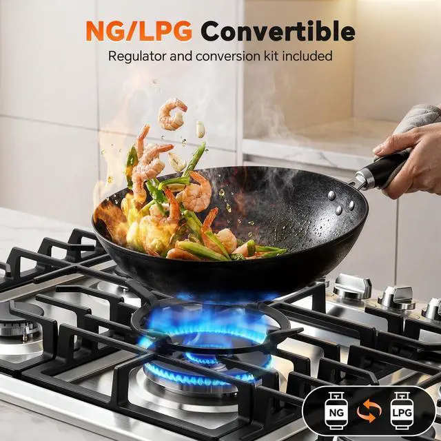 Alt view image 5 of 7 - Gas Cooktop 30 inch 5 Italy SABAF Burners with Wok Ring, NG/LPG Convertible | Thermocouple Protection, Built-in 30-inch, Auto Ignition, 48,300 BTU High Power, Stainless Steel, ETL Certified
