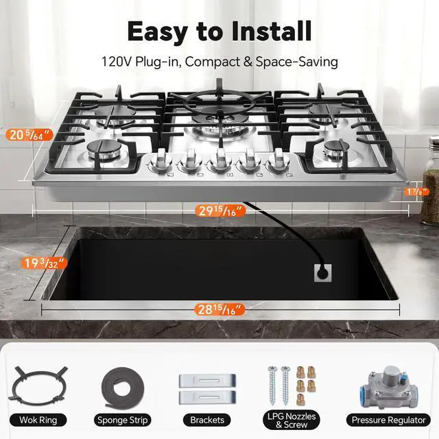 Alt view image 7 of 7 - Gas Cooktop 30 inch 5 Italy SABAF Burners with Wok Ring, NG/LPG Convertible | Thermocouple Protection, Built-in 30-inch, Auto Ignition, 48,300 BTU High Power, Stainless Steel, ETL Certified