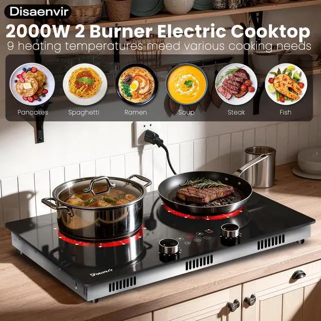 Alt view image 2 of 7 - 2 Burner Electric Cooktop 110V, 2000W Shard Power | 24 Inch Ceramic Stove Countertop & Built Dual Burner, Knob and Touch Control with Timer, Safety Lock, 120V Portable Plug in