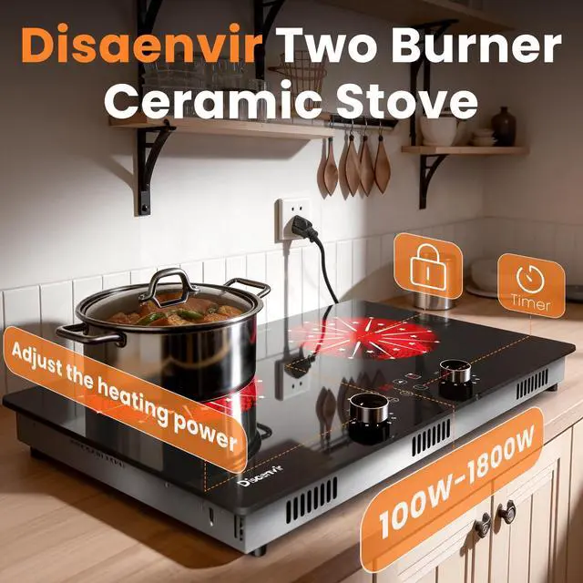 Alt view image 4 of 7 - 2 Burner Electric Cooktop 110V, 2000W Shard Power | 24 Inch Ceramic Stove Countertop & Built Dual Burner, Knob and Touch Control with Timer, Safety Lock, 120V Portable Plug in