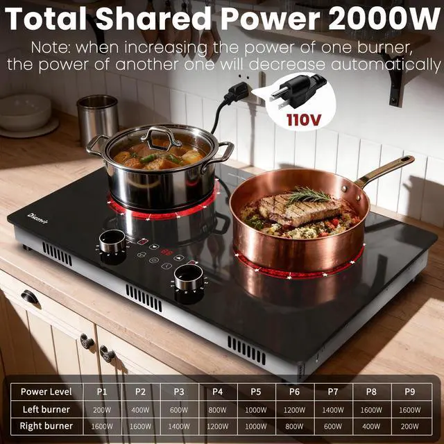 Alt view image 3 of 7 - 2 Burner Electric Cooktop 110V, 2000W Shard Power | 24 Inch Ceramic Stove Countertop & Built Dual Burner, Knob and Touch Control with Timer, Safety Lock, 120V Portable Plug in