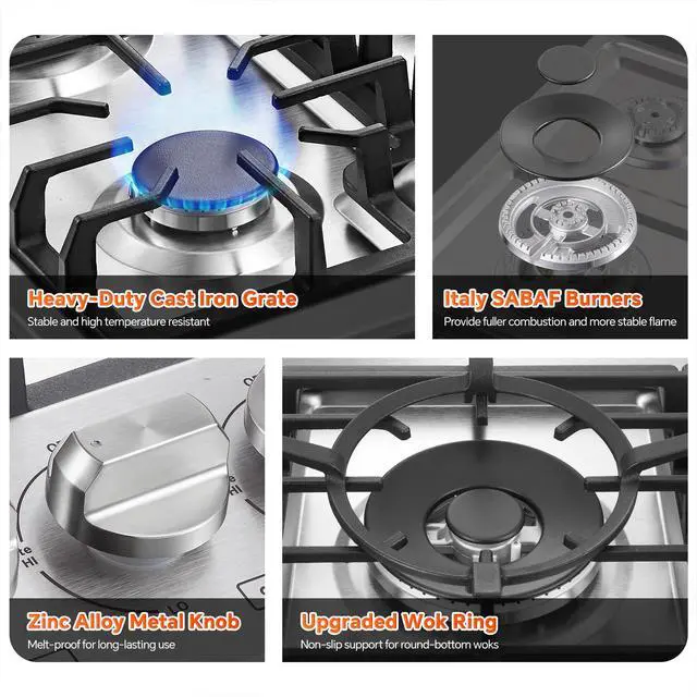 Alt view image 4 of 7 - Gas Cooktop 30 inch 5 Italy SABAF Burners with Wok Ring, NG/LPG Convertible | Thermocouple Protection, Built-in 30-inch, Auto Ignition, 48,300 BTU High Power, Stainless Steel, ETL Certified