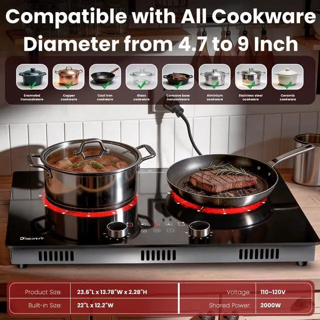 Alt view image 6 of 7 - 2 Burner Electric Cooktop 110V, 2000W Shard Power | 24 Inch Ceramic Stove Countertop & Built Dual Burner, Knob and Touch Control with Timer, Safety Lock, 120V Portable Plug in