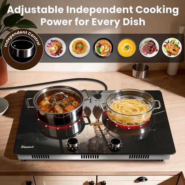 Alt view image 7 of 7 - 2 Burner Electric Cooktop 110V, 2000W Shard Power | 24 Inch Ceramic Stove Countertop & Built Dual Burner, Knob and Touch Control with Timer, Safety Lock, 120V Portable Plug in