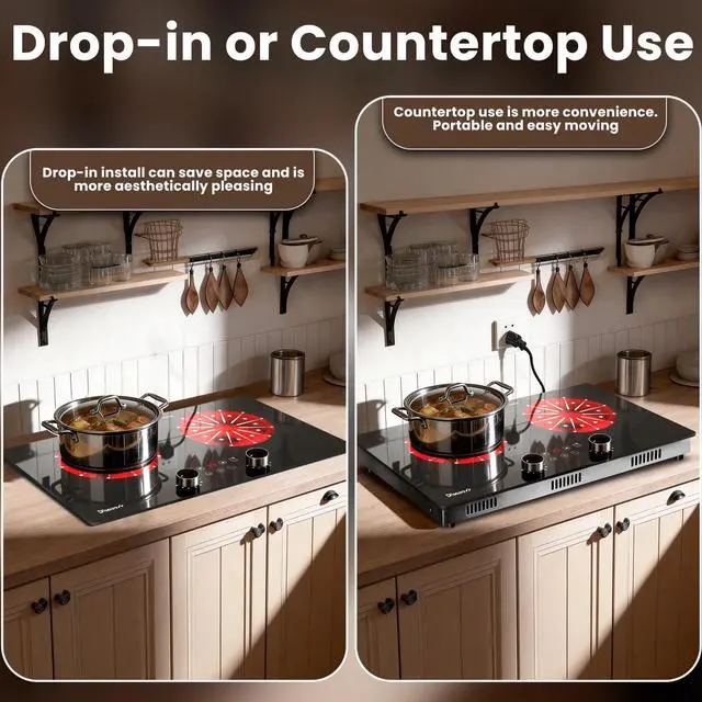 Alt view image 5 of 7 - 2 Burner Electric Cooktop 110V, 2000W Shard Power | 24 Inch Ceramic Stove Countertop & Built Dual Burner, Knob and Touch Control with Timer, Safety Lock, 120V Portable Plug in