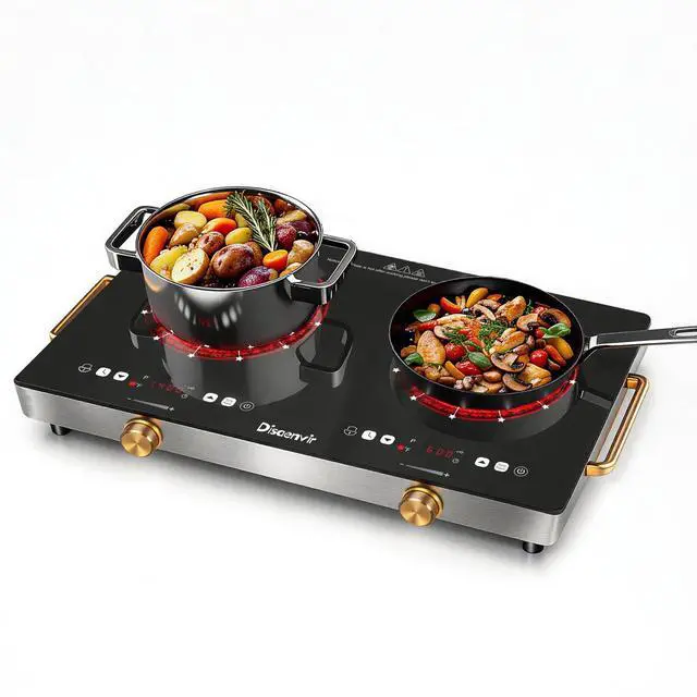 Main image of 2 Burner Electric Cooktop with Handle 110V, 2000W Shard Power | 24 Inch Ceramic Stove Top Countertop Burner, Knob and Touch Control with Timer, Safety Lock, 120V Portable Plug in