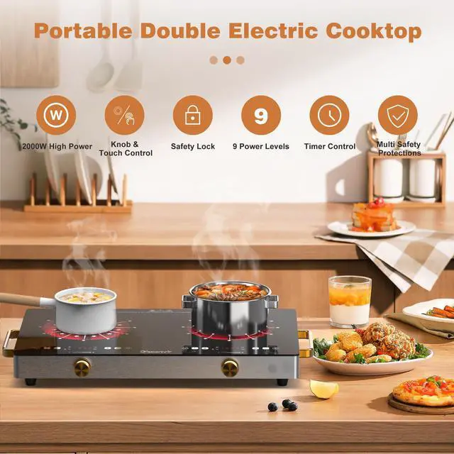 Alt view image 2 of 7 - 2 Burner Electric Cooktop with Handle 110V, 2000W Shard Power | 24 Inch Ceramic Stove Top Countertop Burner, Knob and Touch Control with Timer, Safety Lock, 120V Portable Plug in