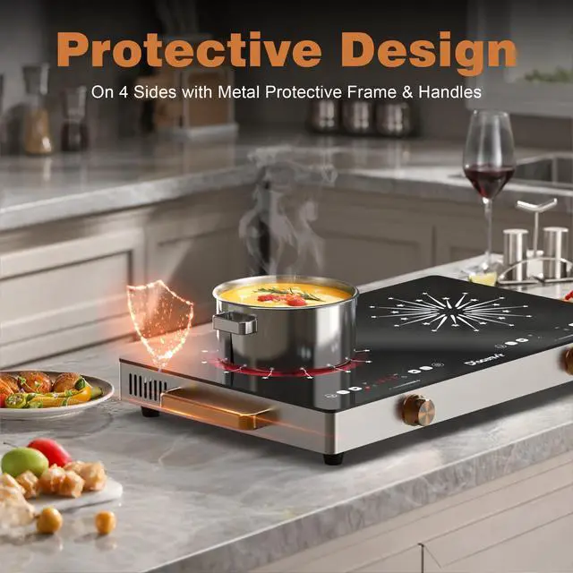Alt view image 3 of 7 - 2 Burner Electric Cooktop with Handle 110V, 2000W Shard Power | 24 Inch Ceramic Stove Top Countertop Burner, Knob and Touch Control with Timer, Safety Lock, 120V Portable Plug in