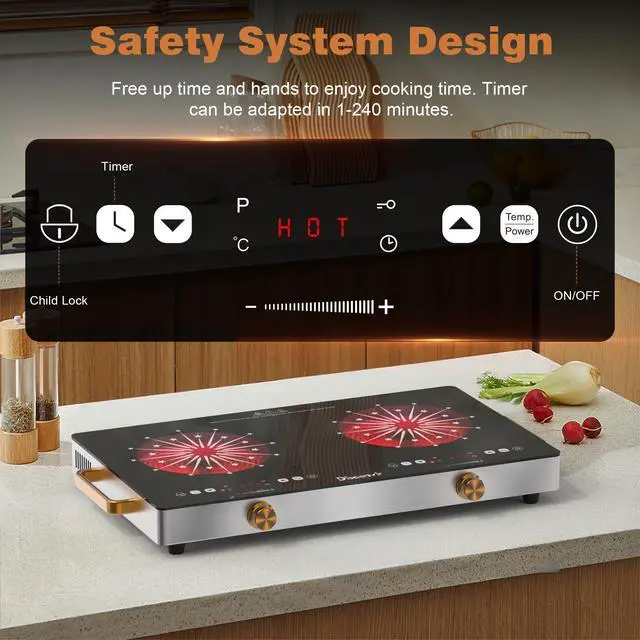 Alt view image 4 of 7 - 2 Burner Electric Cooktop with Handle 110V, 2000W Shard Power | 24 Inch Ceramic Stove Top Countertop Burner, Knob and Touch Control with Timer, Safety Lock, 120V Portable Plug in