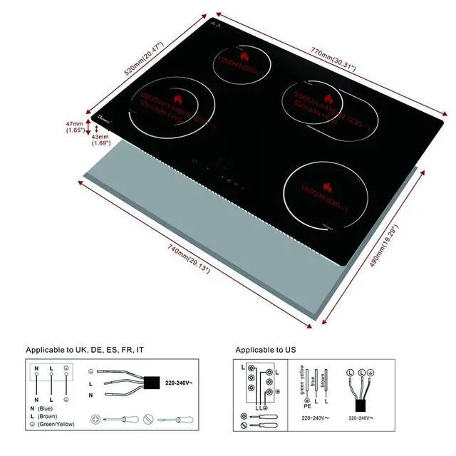 Alt view image 6 of 7 - Electric Cooktop 30 Inch 220V~240V, Drop-in Ceramic Stove Burner,4 Burners Black Glass Cooktop with Flexible Ring,7200W Built in Electric Stove,Touch Control