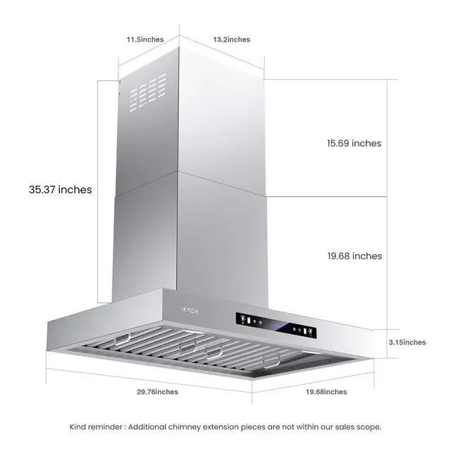 Alt view image 3 of 7 - 30 inch Wall Mount Range Hood, 1200 CFM Ducted Range Hood with 4 Speed Fan, Durable Stainless Steel with Gesture Sensing & Touch Control IKP01-30