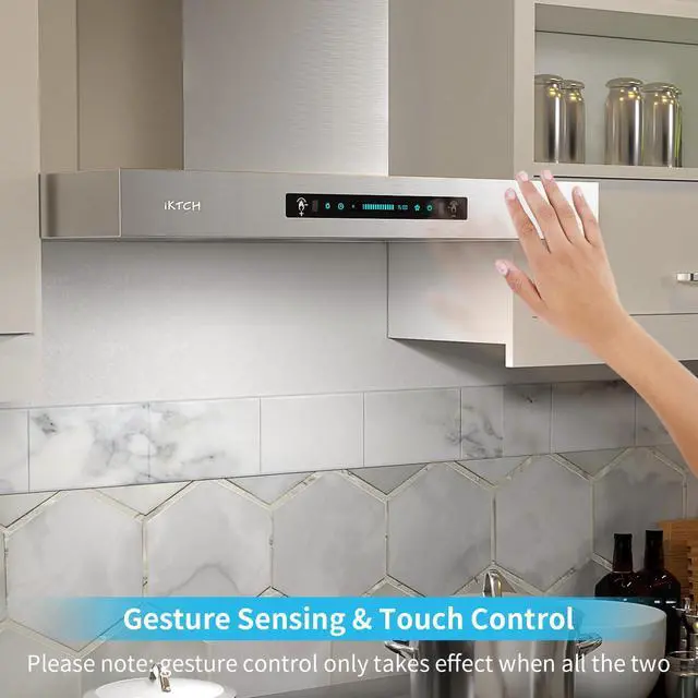 Alt view image 7 of 7 - 30 inch Wall Mount Range Hood, 1200 CFM Ducted Range Hood with 4 Speed Fan, Durable Stainless Steel with Gesture Sensing & Touch Control IKP01-30