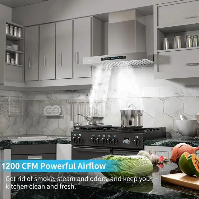 Alt view image 4 of 7 - 30 inch Wall Mount Range Hood, 1200 CFM Ducted Range Hood with 4 Speed Fan, Durable Stainless Steel with Gesture Sensing & Touch Control IKP01-30