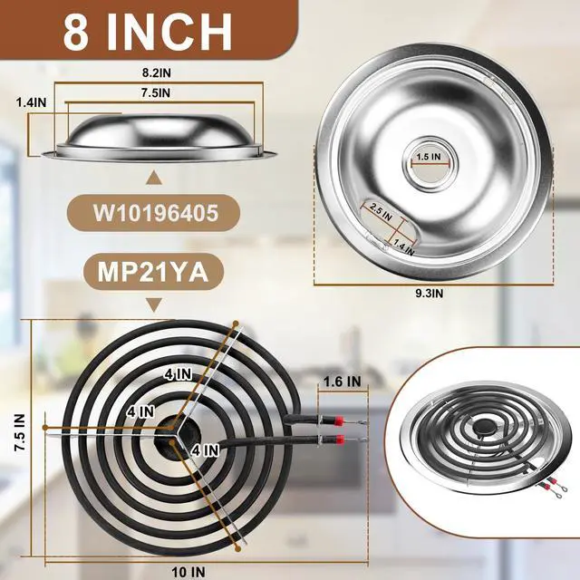 Alt view image 4 of 7 - W10196405(8) W10196406(6) Electric Stove Burner Drip Pans & MP22YA Electric Range Burner Element Unit Set by -Compatible with Whirl-pool Ken-more Ama-na Range Oven/Stove
