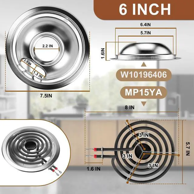 Alt view image 5 of 7 - W10196405(8) W10196406(6) Electric Stove Burner Drip Pans & MP22YA Electric Range Burner Element Unit Set by -Compatible with Whirl-pool Ken-more Ama-na Range Oven/Stove