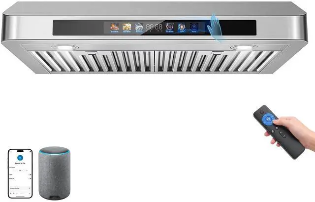 Main image of Under Cabinet Range Hood 30 Inch, 900 CFM Smart Kitchen Hood with Dual Motors, Color Display, 4-Speed Vent Hood, Voice/Gesture/Remote/Touch Control, Memory Function, LED Lights, Stainless Steel