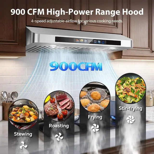 Alt view image 2 of 7 - Under Cabinet Range Hood 30 Inch, 900 CFM Smart Kitchen Hood with Dual Motors, Color Display, 4-Speed Vent Hood, Voice/Gesture/Remote/Touch Control, Memory Function, LED Lights, Stainless Steel