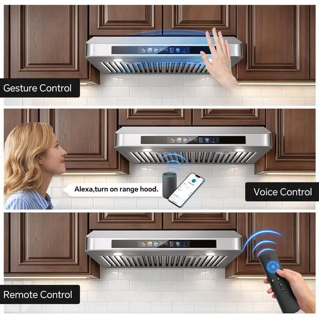 Alt view image 3 of 7 - Under Cabinet Range Hood 30 Inch, 900 CFM Smart Kitchen Hood with Dual Motors, Color Display, 4-Speed Vent Hood, Voice/Gesture/Remote/Touch Control, Memory Function, LED Lights, Stainless Steel