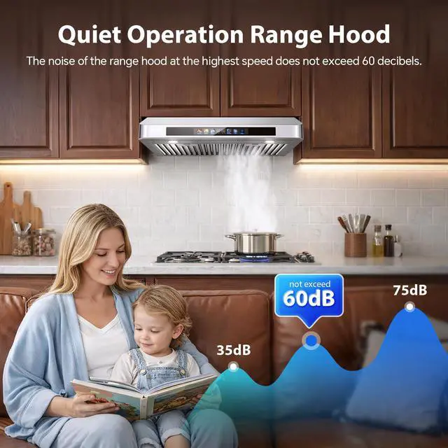 Alt view image 6 of 7 - Under Cabinet Range Hood 30 Inch, 900 CFM Smart Kitchen Hood with Dual Motors, Color Display, 4-Speed Vent Hood, Voice/Gesture/Remote/Touch Control, Memory Function, LED Lights, Stainless Steel