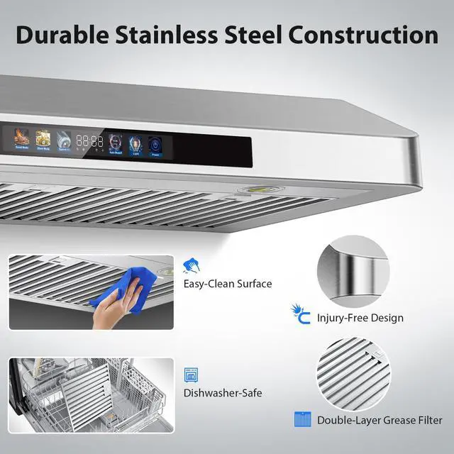 Alt view image 7 of 7 - Under Cabinet Range Hood 30 Inch, 900 CFM Smart Kitchen Hood with Dual Motors, Color Display, 4-Speed Vent Hood, Voice/Gesture/Remote/Touch Control, Memory Function, LED Lights, Stainless Steel