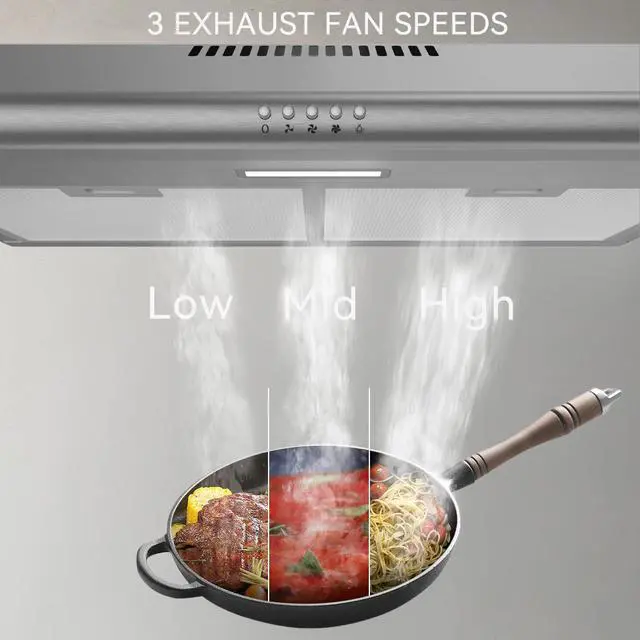 Alt view image 3 of 7 - Under Cabinet Range Hood, 30 inch Vent Hood With 3 Speed Exhaust Fan | Ducted And Ductless Convertible, LED Bright Light Bulbs and Charcoal Filter, Stainless Steel Filter