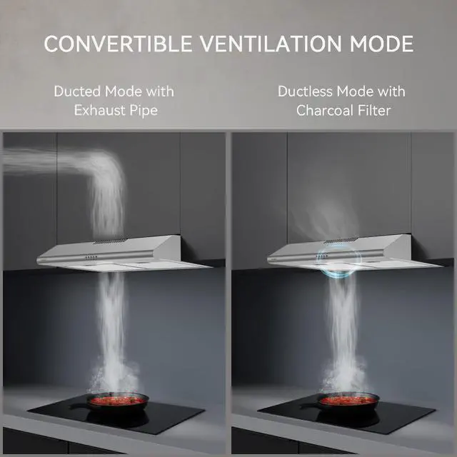 Alt view image 5 of 7 - Under Cabinet Range Hood, 30 inch Vent Hood With 3 Speed Exhaust Fan | Ducted And Ductless Convertible, LED Bright Light Bulbs and Charcoal Filter, Stainless Steel Filter